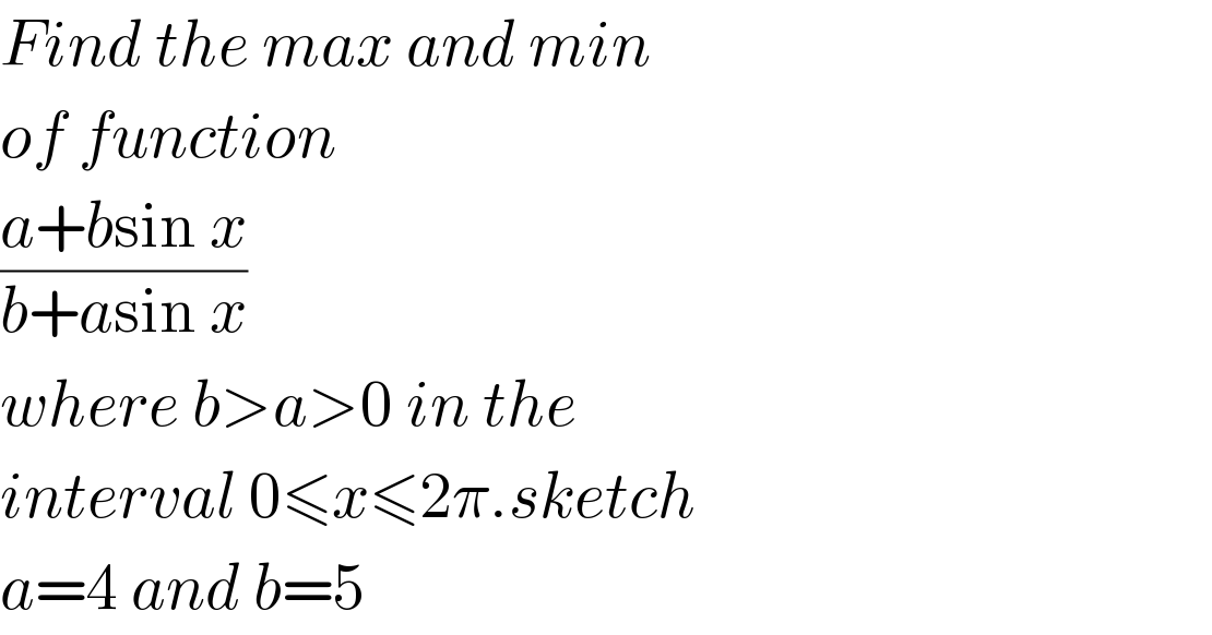 Find the max and min  of function  ((a+bsin x)/(b+asin x))  where b>a>0 in the   interval 0≤x≤2π.sketch  a=4 and b=5  