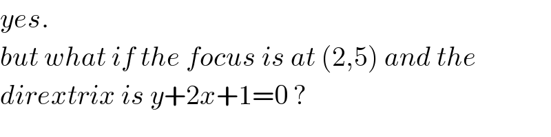 yes.  but what if the focus is at (2,5) and the  dirextrix is y+2x+1=0 ?  