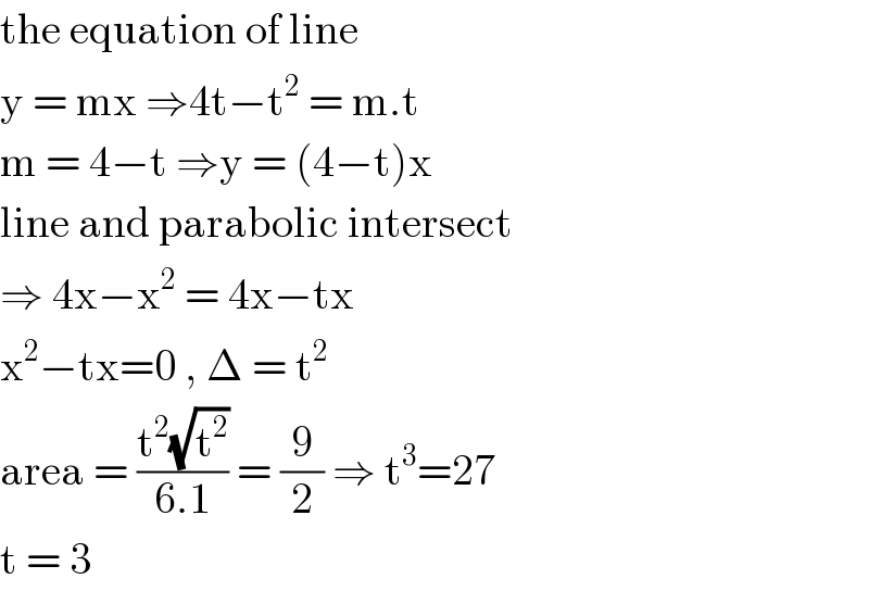 the equation of line   y = mx ⇒4t−t^2  = m.t   m = 4−t ⇒y = (4−t)x  line and parabolic intersect  ⇒ 4x−x^2  = 4x−tx  x^2 −tx=0 , Δ = t^2   area = ((t^2 (√t^2 ))/(6.1)) = (9/2) ⇒ t^3 =27  t = 3  