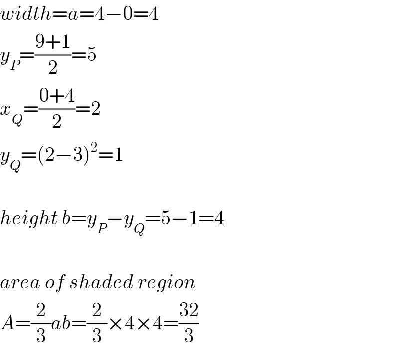 width=a=4−0=4  y_P =((9+1)/2)=5  x_Q =((0+4)/2)=2  y_Q =(2−3)^2 =1    height b=y_P −y_Q =5−1=4    area of shaded region  A=(2/3)ab=(2/3)×4×4=((32)/3)  