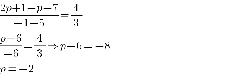 ((2p+1−p−7)/(−1−5)) = (4/3)  ((p−6)/(−6)) = (4/3) ⇒ p−6 = −8  p = −2  