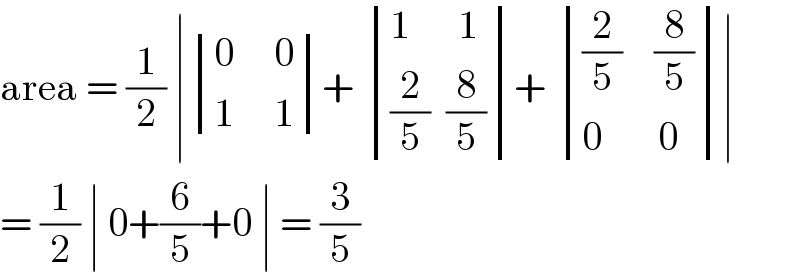 area = (1/2) ∣ determinant (((0     0)),((1     1)))+  determinant (((1      1)),(((2/5)  (8/5))))+  determinant ((((2/5)    (8/5))),((0       0)))∣  = (1/2) ∣ 0+(6/5)+0 ∣ = (3/5)  