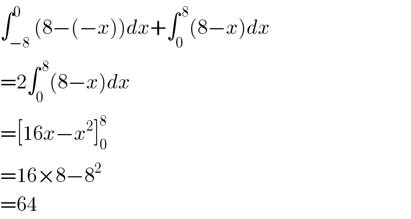 ∫_(−8) ^0 (8−(−x))dx+∫_0 ^( 8) (8−x)dx  =2∫_0 ^( 8) (8−x)dx  =[16x−x^2 ]_0 ^8   =16×8−8^2   =64  