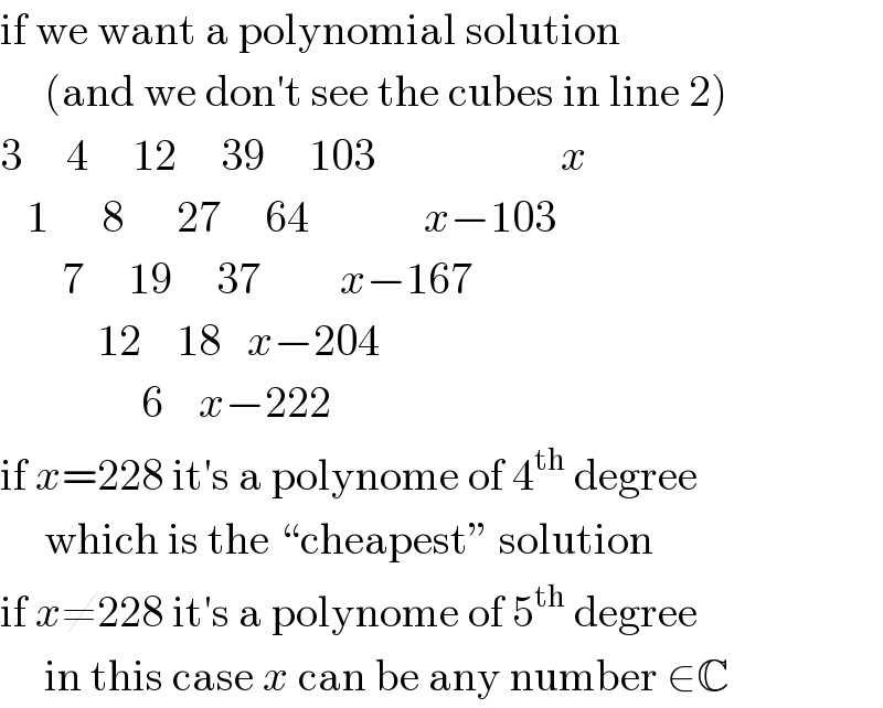 if we want a polynomial solution       (and we don′t see the cubes in line 2)  3     4     12     39     103                     x     1      8      27     64             x−103         7     19     37         x−167             12    18   x−204                  6    x−222  if x=228 it′s a polynome of 4^(th)  degree       which is the “cheapest” solution  if x≠228 it′s a polynome of 5^(th)  degree       in this case x can be any number ∈C  