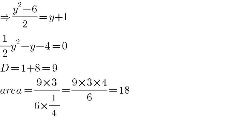 ⇒ ((y^2 −6)/2) = y+1   (1/2)y^2 −y−4 = 0  D = 1+8 = 9  area = ((9×3)/(6×(1/4))) = ((9×3×4)/6) = 18  