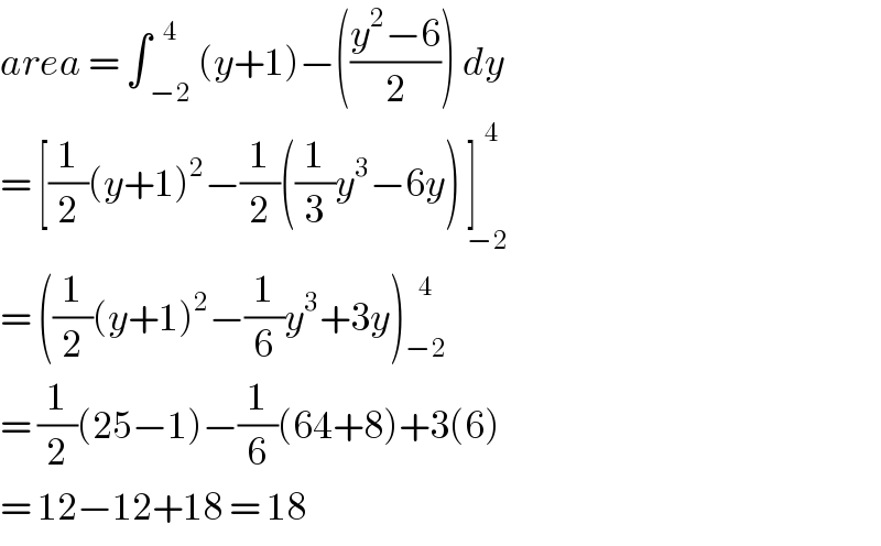 area = ∫ _(−2) ^4  (y+1)−(((y^2 −6)/2)) dy  = [(1/2)(y+1)^2 −(1/2)((1/3)y^3 −6y) ]_(−2) ^(  4)   = ((1/2)(y+1)^2 −(1/6)y^3 +3y) _(−2) ^4   = (1/2)(25−1)−(1/6)(64+8)+3(6)  = 12−12+18 = 18   