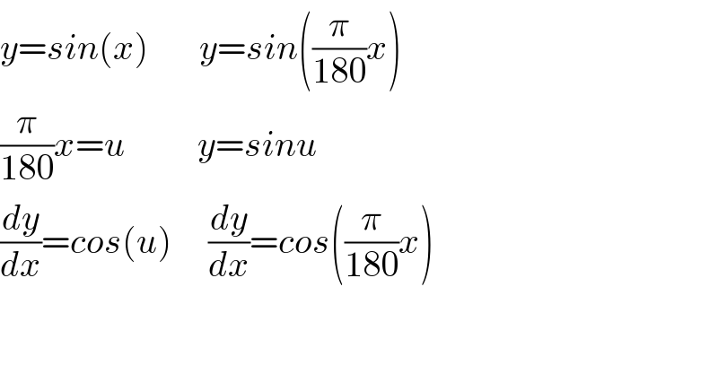 y=sin(x)       y=sin((π/(180))x)  (π/(180))x=u          y=sinu  (dy/dx)=cos(u)     (dy/dx)=cos((π/(180))x)          