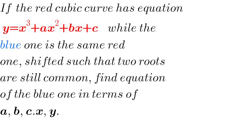 If  the red cubic curve has equation   y=x^3 +ax^2 +bx+c    while the  blue one is the same red  one, shifted such that two roots  are still common, find equation  of the blue one in terms of  a, b, c.x, y.  