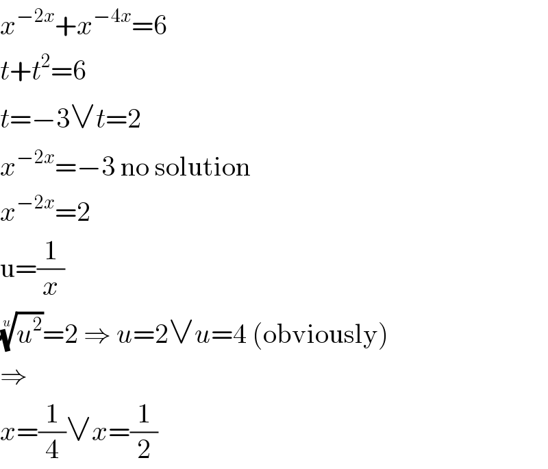 x^(−2x) +x^(−4x) =6  t+t^2 =6  t=−3∨t=2  x^(−2x) =−3 no solution  x^(−2x) =2  u=(1/x)  (u^2 )^(1/u) =2 ⇒ u=2∨u=4 (obviously)  ⇒  x=(1/4)∨x=(1/2)  
