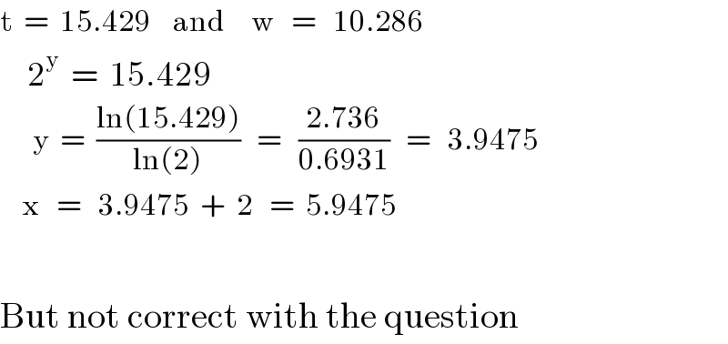 t  =  15.429    and     w   =   10.286       2^y   =  15.429        y  =  ((ln(15.429))/(ln(2)))   =   ((2.736)/(0.6931))   =   3.9475      x   =   3.9475  +  2   =  5.9475    But not correct with the question  