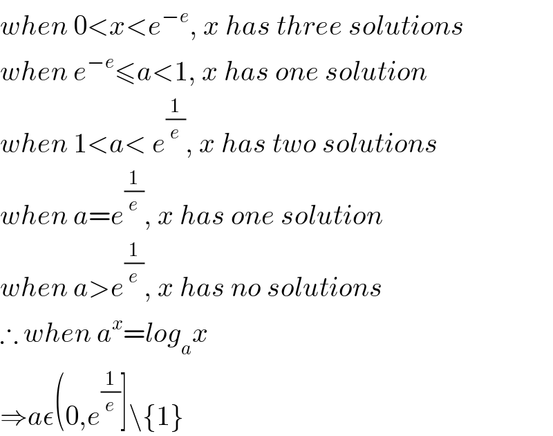 when 0<x<e^(−e) , x has three solutions  when e^(−e) ≤a<1, x has one solution  when 1<a< e^(1/e) , x has two solutions  when a=e^(1/e) , x has one solution  when a>e^(1/e) , x has no solutions  ∴ when a^x =log_a x  ⇒aε(0,e^(1/e) ]\{1}  