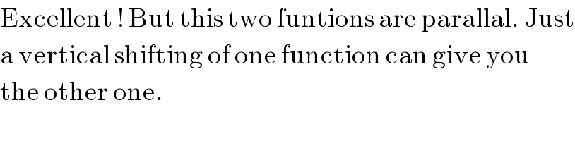 Excellent ! But this two funtions are parallal. Just  a vertical shifting of one function can give you  the other one.   
