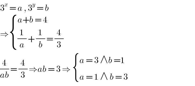 3^x  = a , 3^y  = b   ⇒ { ((a+b = 4)),(((1/a) + (1/b) = (4/3))) :}  (4/(ab)) = (4/3) ⇒ab = 3 ⇒  { ((a = 3 ∧b =1)),((a = 1 ∧ b = 3)) :}  