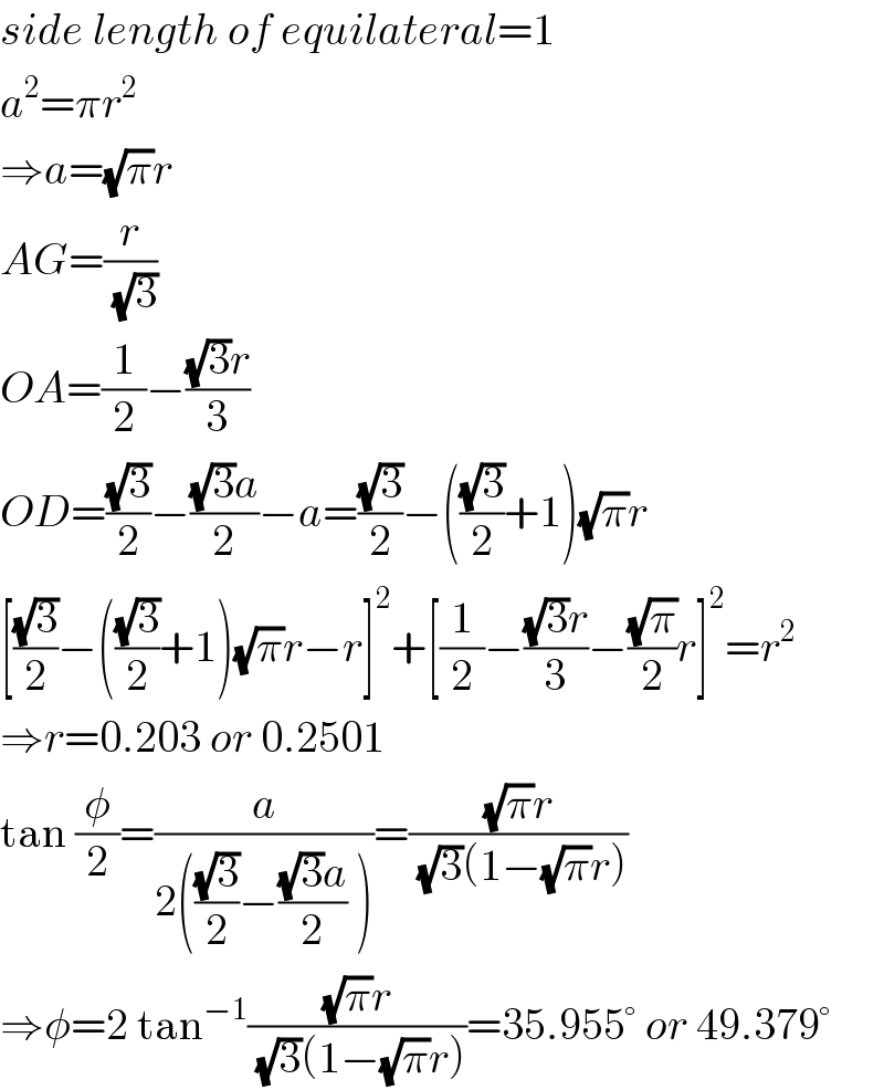 side length of equilateral=1  a^2 =πr^2   ⇒a=(√π)r  AG=(r/(√3))  OA=(1/2)−(((√3)r)/3)  OD=((√3)/2)−(((√3)a)/2)−a=((√3)/2)−(((√3)/2)+1)(√π)r  [((√3)/2)−(((√3)/2)+1)(√π)r−r]^2 +[(1/2)−(((√3)r)/3)−((√π)/2)r]^2 =r^2   ⇒r=0.203 or 0.2501  tan (φ/2)=(a/(2(((√3)/2)−(((√3)a)/2) )))=(((√π)r)/((√3)(1−(√π)r)))  ⇒φ=2 tan^(−1) (((√π)r)/((√3)(1−(√π)r)))=35.955° or 49.379°  