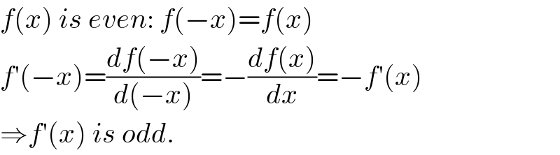 f(x) is even: f(−x)=f(x)  f′(−x)=((df(−x))/(d(−x)))=−((df(x))/dx)=−f′(x)  ⇒f′(x) is odd.  