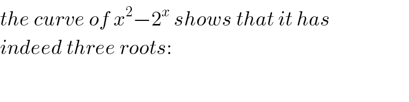 the curve of x^2 −2^x  shows that it has  indeed three roots:  