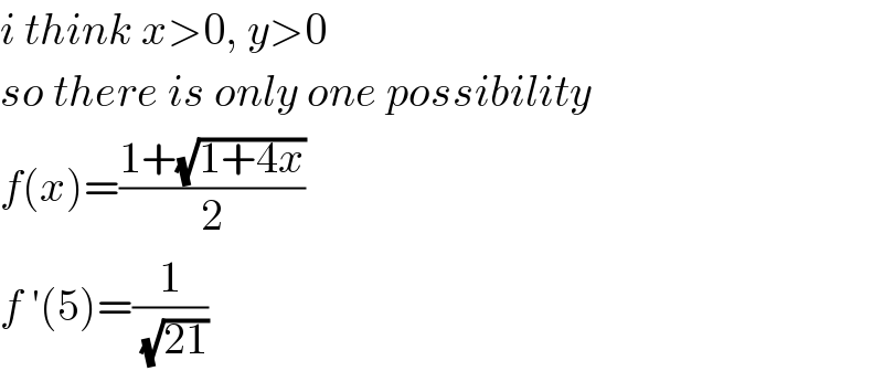 i think x>0, y>0  so there is only one possibility  f(x)=((1+(√(1+4x)))/2)  f ′(5)=(1/(√(21)))  