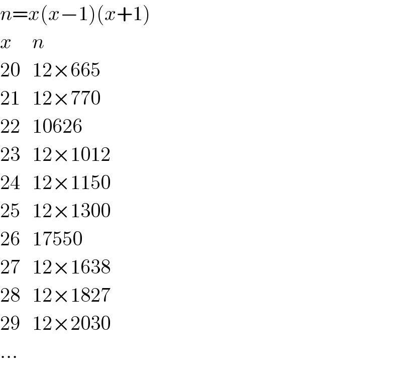 n=x(x−1)(x+1)  x     n  20   12×665  21   12×770  22   10626  23   12×1012  24   12×1150  25   12×1300  26   17550  27   12×1638  28   12×1827  29   12×2030  ...  