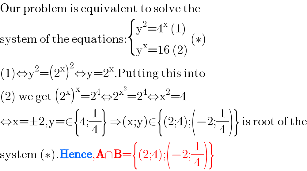 Our problem is equivalent to solve the  system of the equations: { ((y^2 =4^x  (1))),((y^x =16 (2))) :} (∗)  (1)⇔y^2 =(2^x )^2 ⇔y=2^x .Putting this into  (2) we get (2^x )^x =2^4 ⇔2^x^2  =2^4 ⇔x^2 =4  ⇔x=±2,y=∈{4;(1/4)} ⇒(x;y)∈{(2;4);(−2;(1/4))} is root of the  system (∗).Hence,A∩B={(2;4);(−2;(1/4))}  