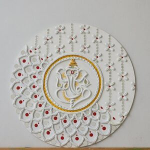 Handcrafted Ganesha Mud Mirror Wall Hanging White and Gold(10 inch)