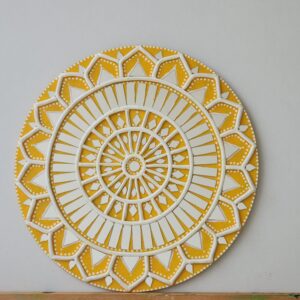 Handcrafted Yellow and White Lippan Art Round Wall Hanging