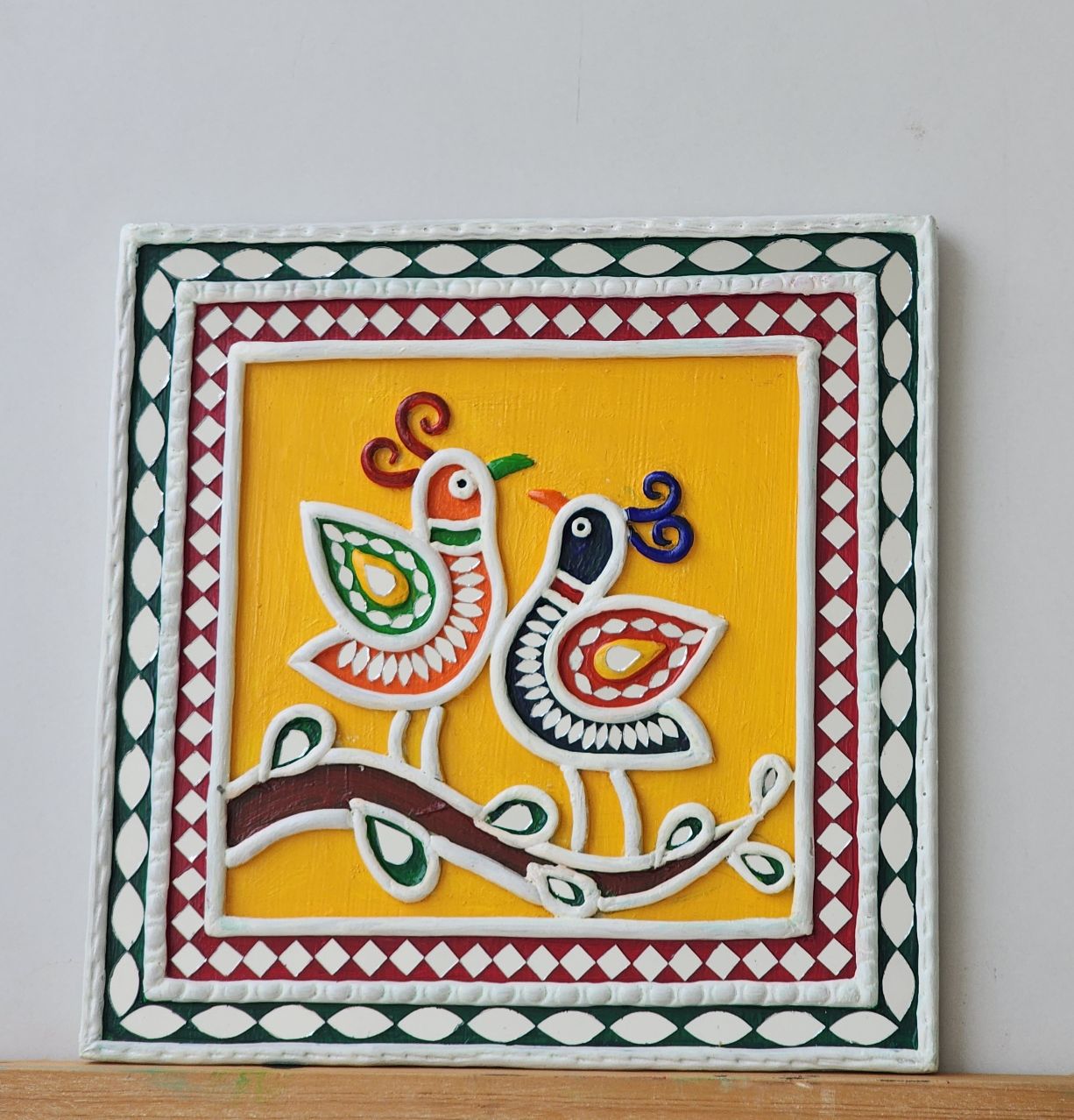 Handcrafted Pair of Folk Bird Lippan Art in Yellow (8 inch) - Image 3