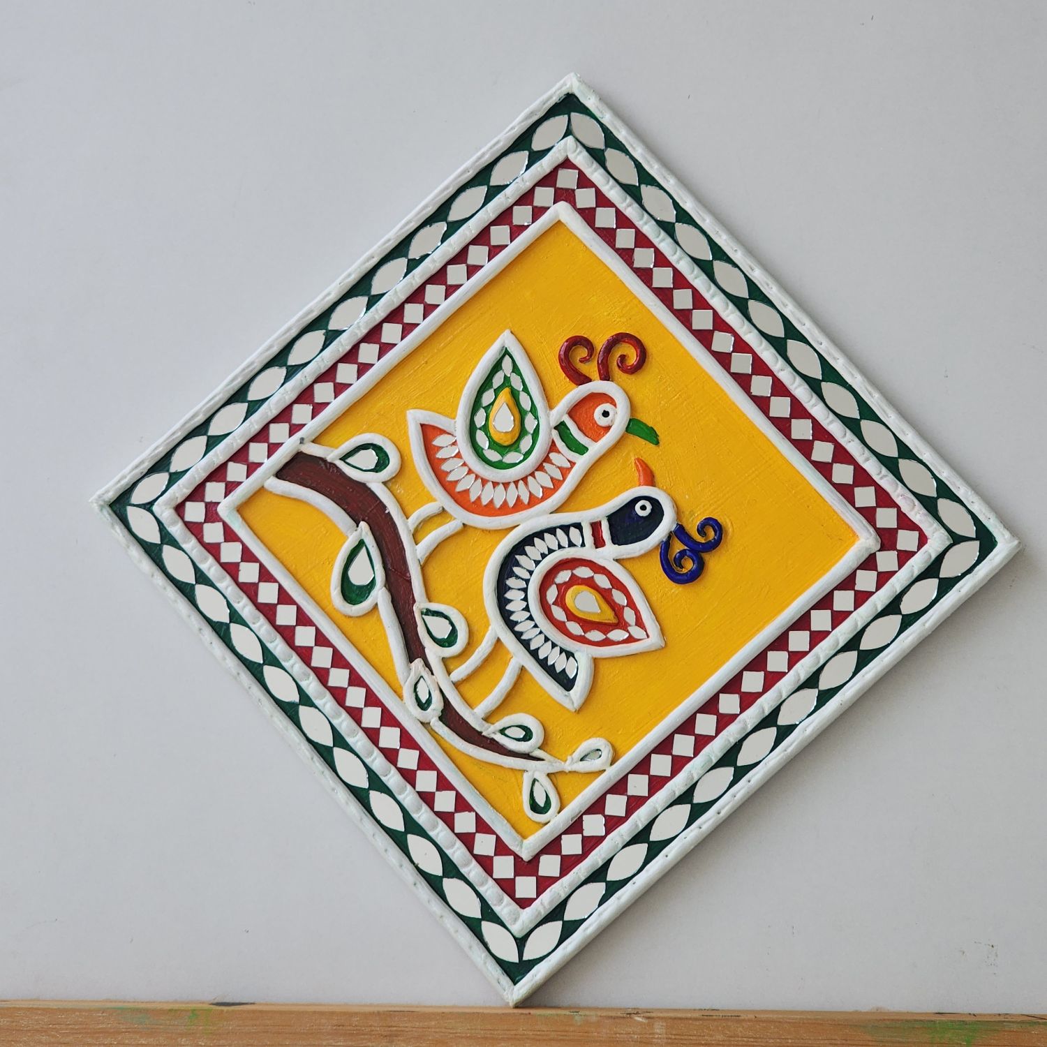 Handcrafted Pair of Folk Bird Lippan Art in Yellow (8 inch) - Image 2