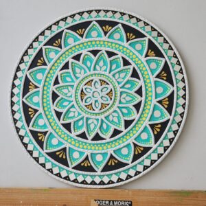 Handcrafted Mandala Lippan Art Wall Panel – Turquoise & Black Mud Mirror Art (12 inch)