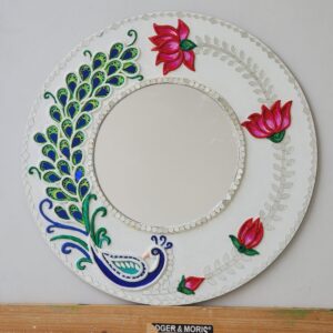 Round Lippan Art Mirror with Peacock & Lotus Design | Handmade Mud Mirror Art (12 inch)