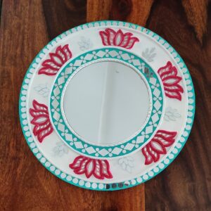 Round Lippan Art Wall Mirror in Teal and Pink with Lotus Motifs (12 inch)