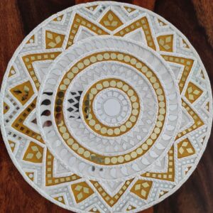 Round Mandala Lippan Art Wall Decor in White & Gold | Handmade Mud Mirror Art (12 inch)