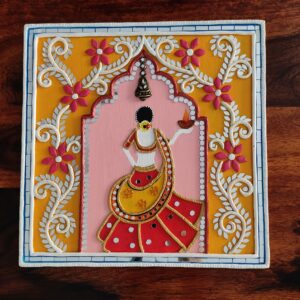 Handcrafted Lippan Art Wall Panel – Traditional Indian Woman with Diya (12 inch) Customization Available