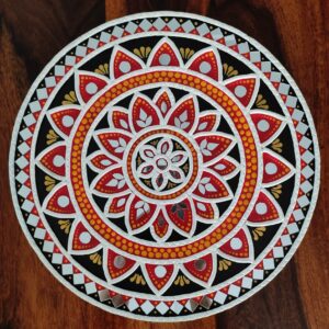 Handcrafted Mandala Lippan Art Wall Panel – Red & Black Mud Mirror Art (12 inch)