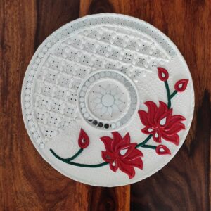 White Floral Lippan Art with Red Lotus Accent | White Mud Mirror Wall Decor (12 inch)