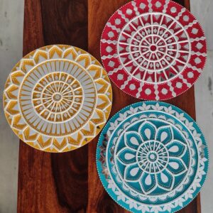 Set of 3 Mandala Lippan Art Wall Decor in Yellow, Red and Teal