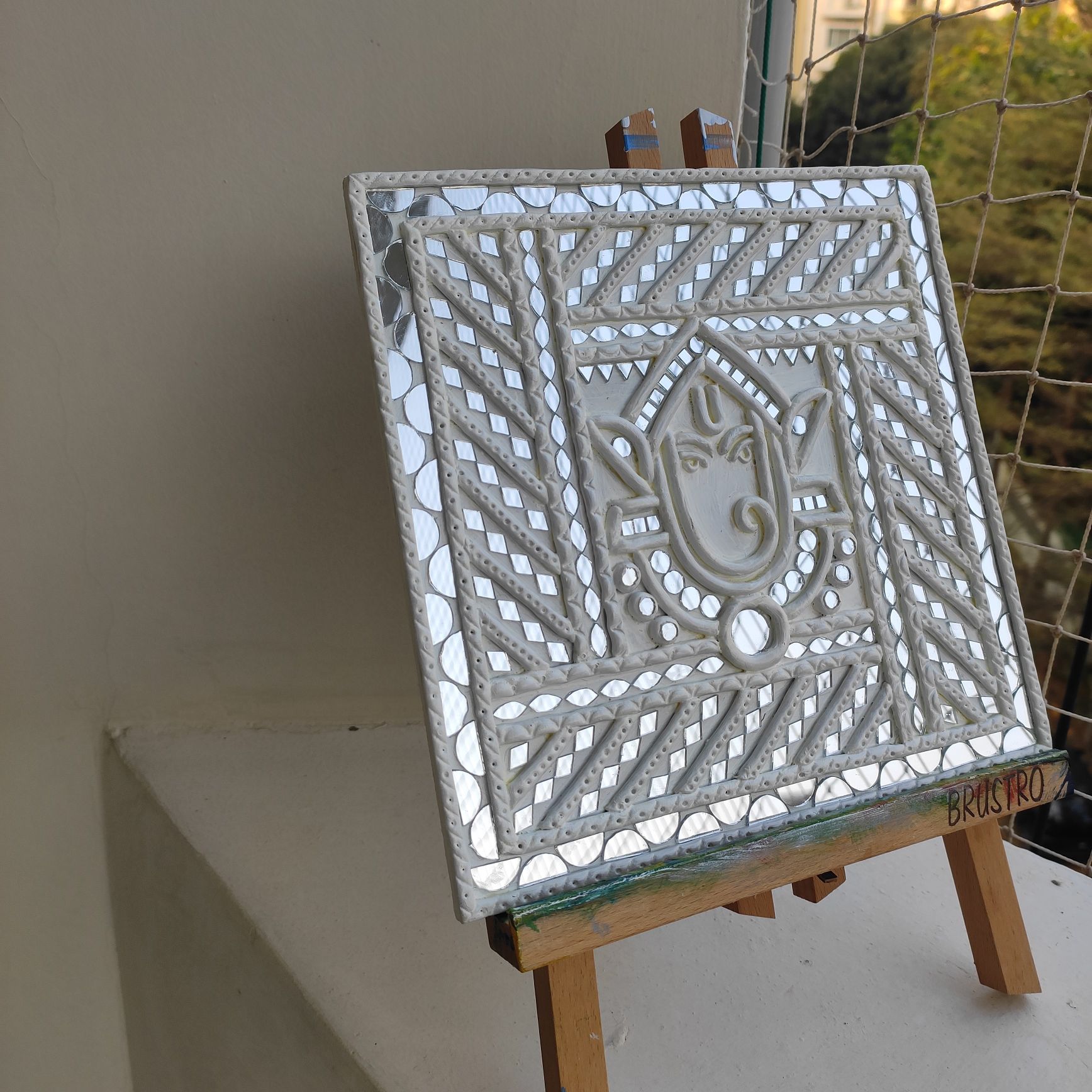 Handcrafted White Ganesha Lippan Art Wall Panel (8 inch) - Image 8