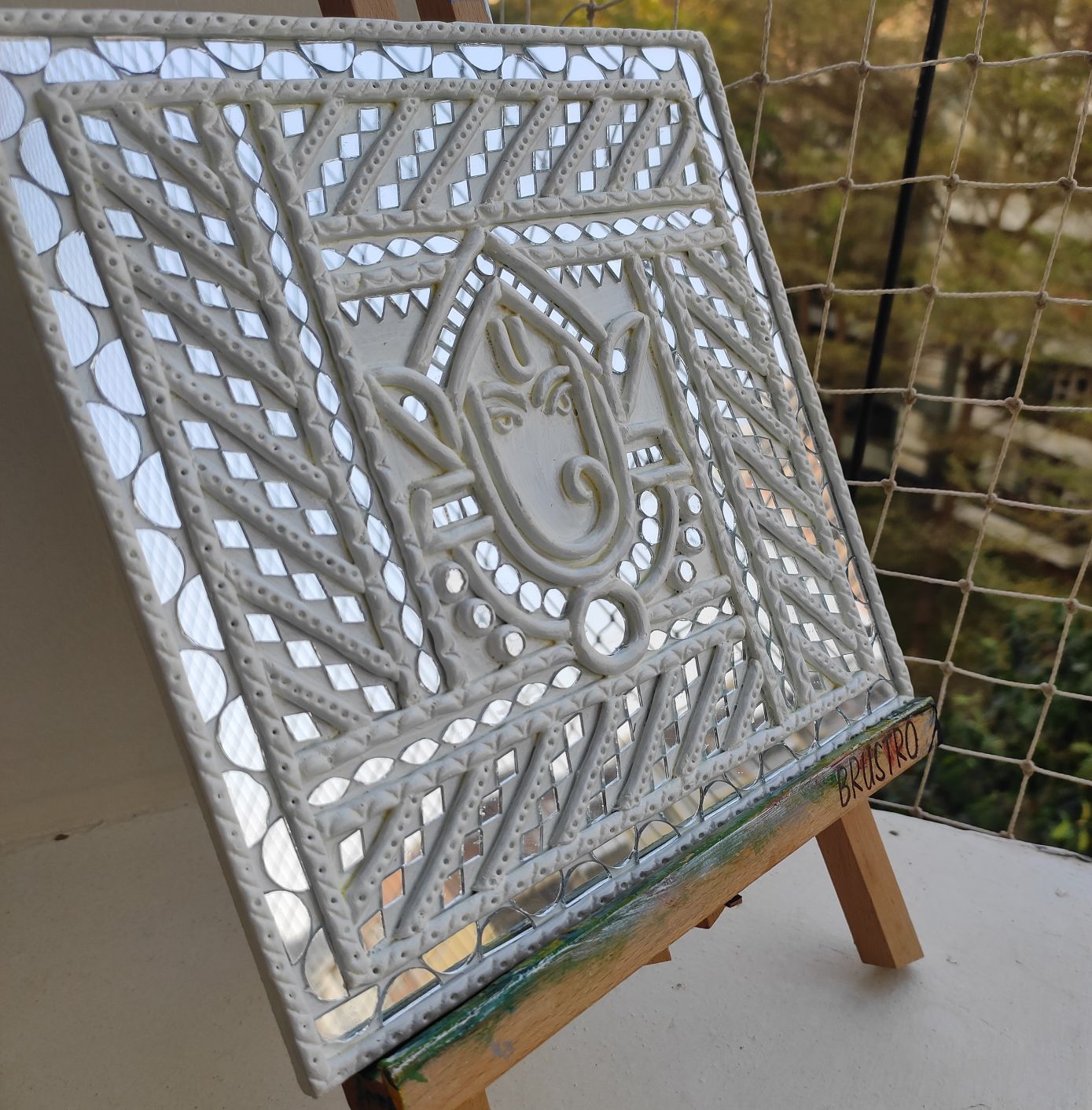 Handcrafted White Ganesha Lippan Art Wall Panel (8 inch) - Image 7