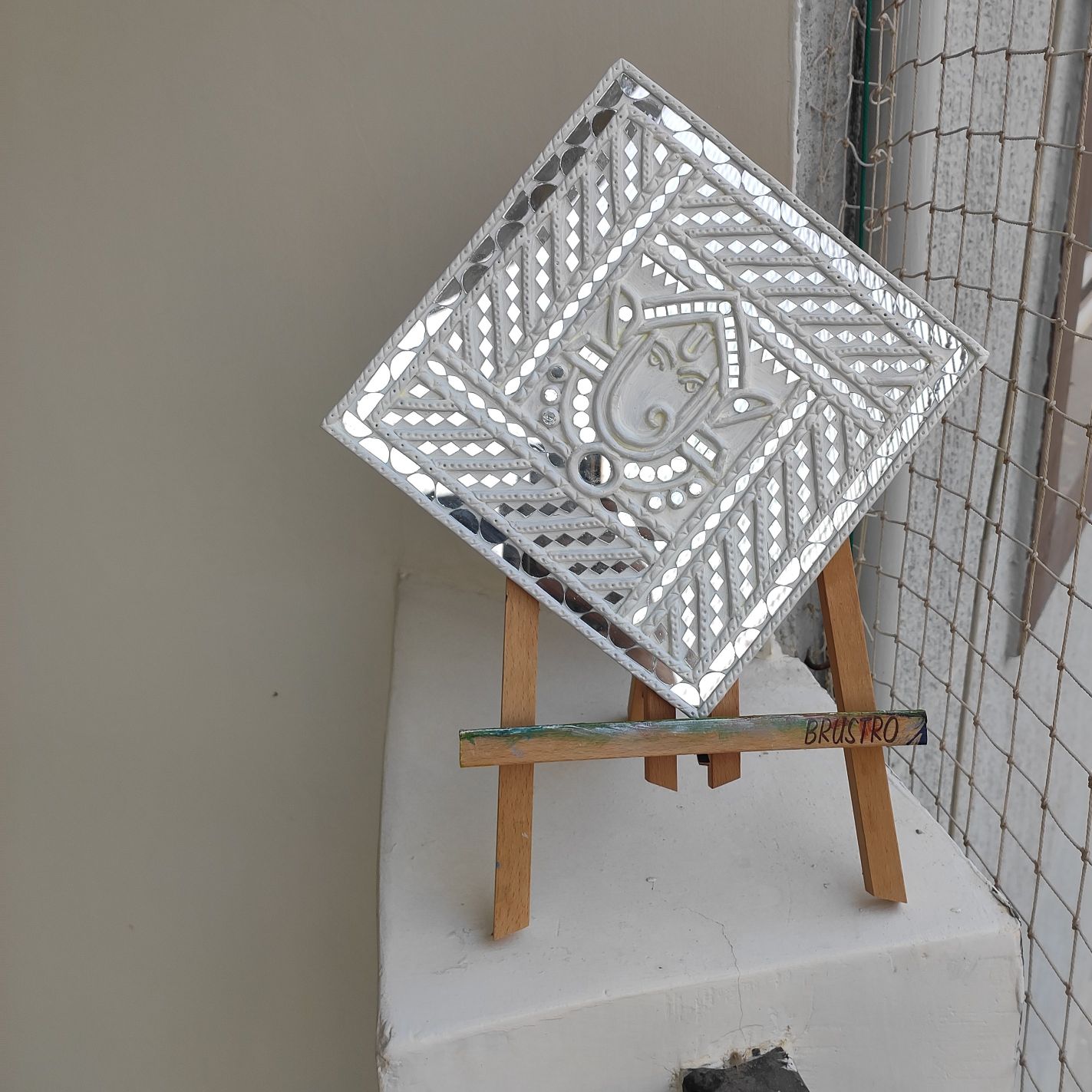 Handcrafted White Ganesha Lippan Art Wall Panel (8 inch) - Image 3