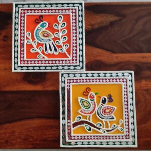 Handcrafted Bird Lippan Art Duo in Orange and Yellow (8 inch)