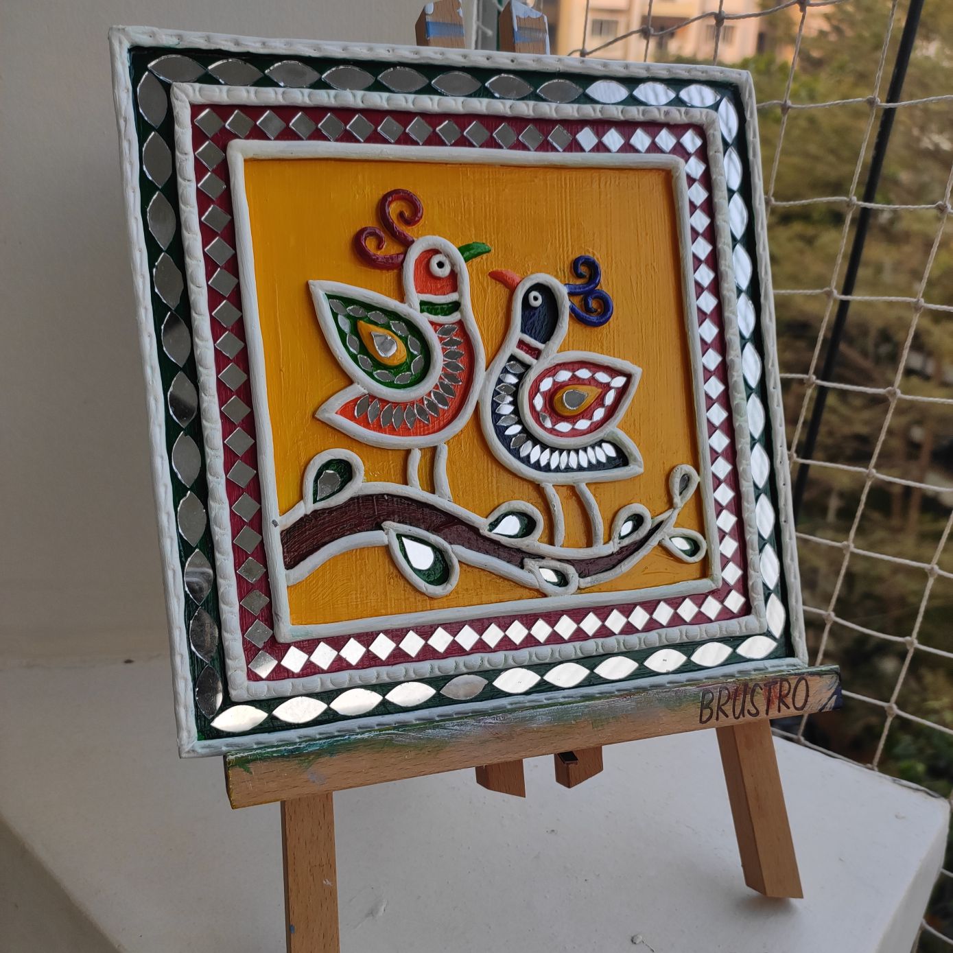 Handcrafted Pair of Folk Bird Lippan Art in Yellow (8 inch) - Image 4