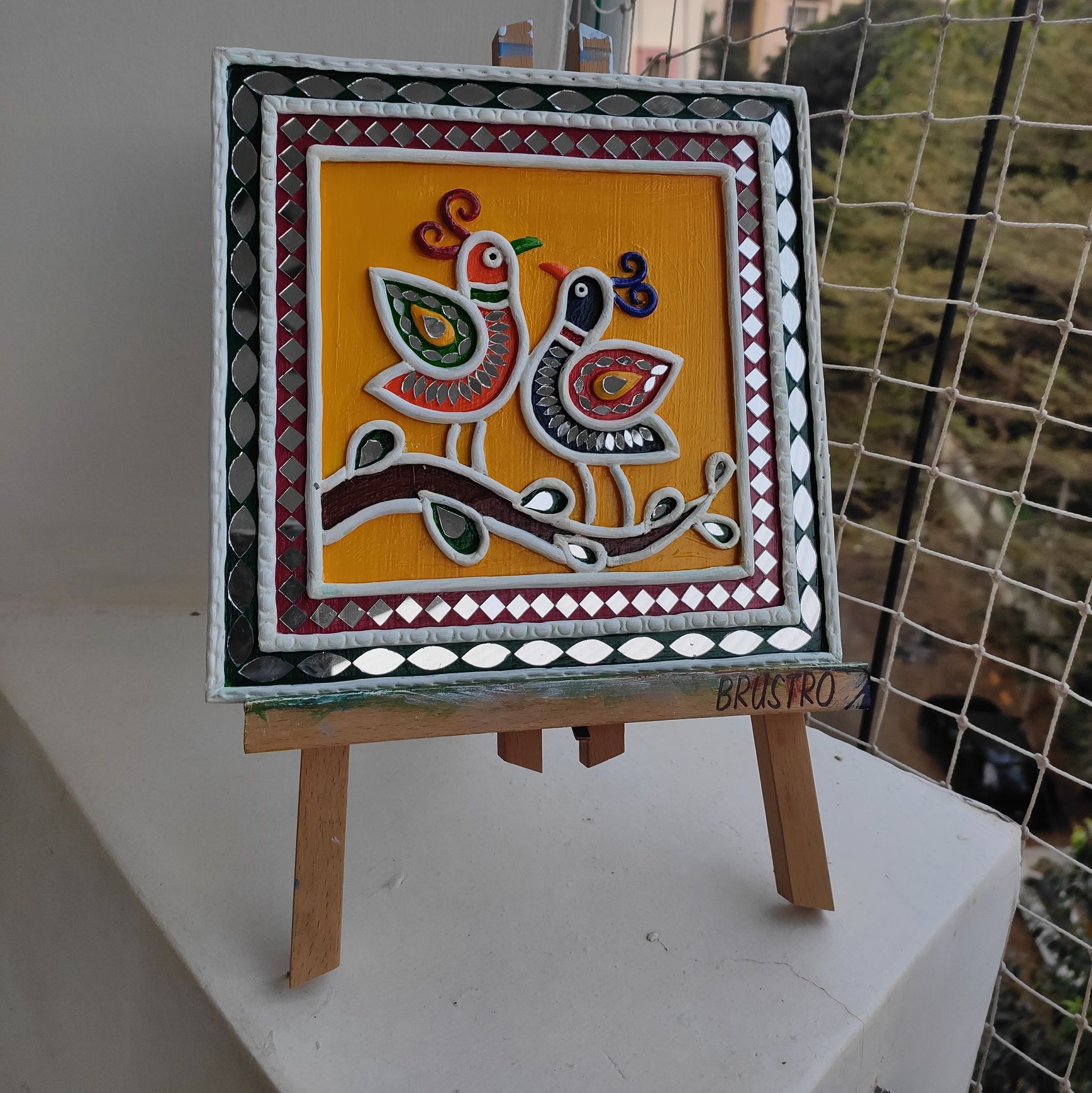 Handcrafted Pair of Folk Bird Lippan Art in Yellow (8 inch) - Image 7