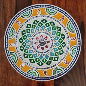 Handcrafted Floral Mandala Lippan Art in Yellow, Green and Blue(14 inch)