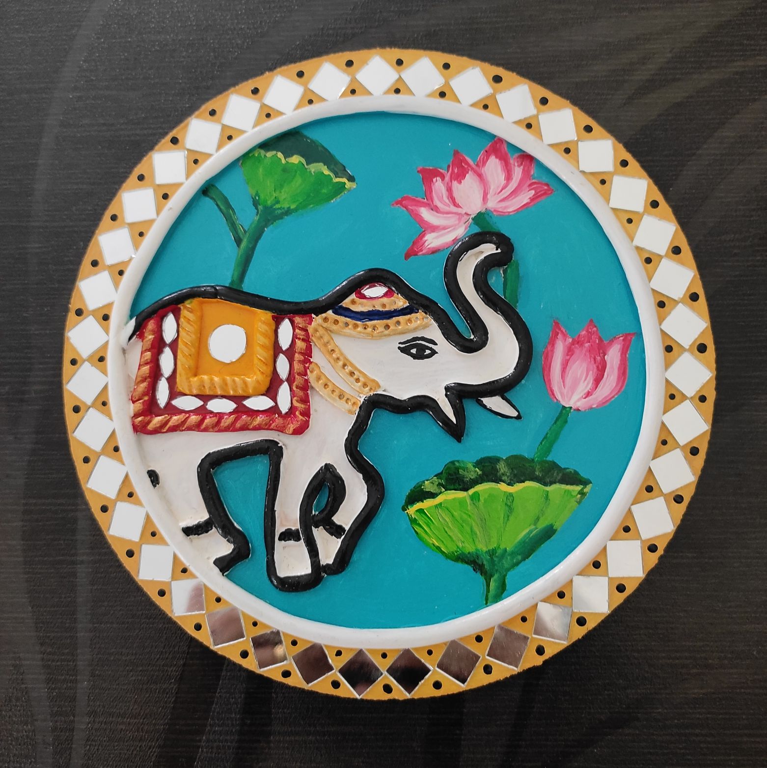 Handcrafted Elephant Lippan Art with Lotus Design