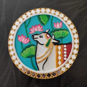 Handcrafted Cow Lippan Art with Lotus Design