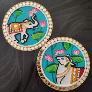 Handcrafted Set of 2 | Cow and Elephant Lippan Art with Lotus Design